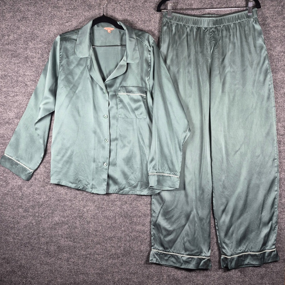 Eberjey Pajama Set 100% Silk Long Sleeve Wide Leg M Green Womens